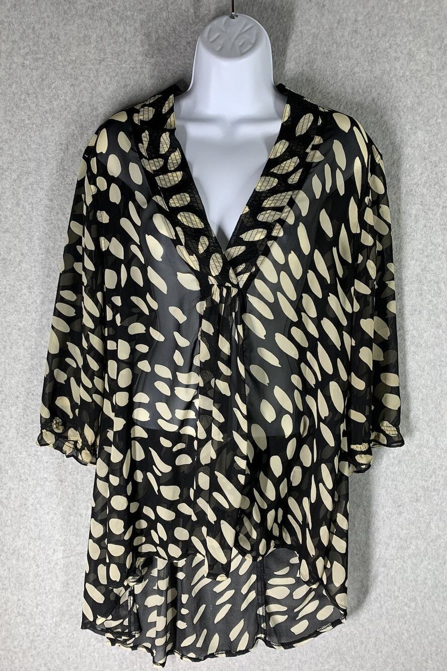 Papillon XL Sheer Black Tunic Blouse High Low Abstract Boho Evening Top